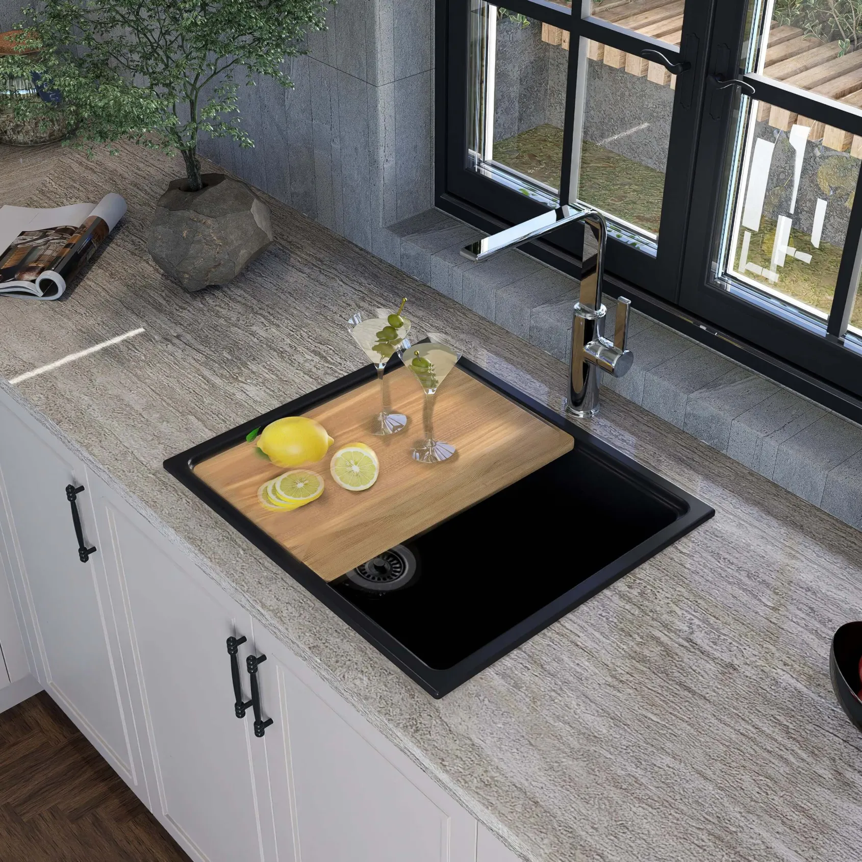 Nantucket Sinks Rockport 22" Dual Mount Granite Composite Workstation Kitchen Sink with Accessories, Black, PR2219PS-BL