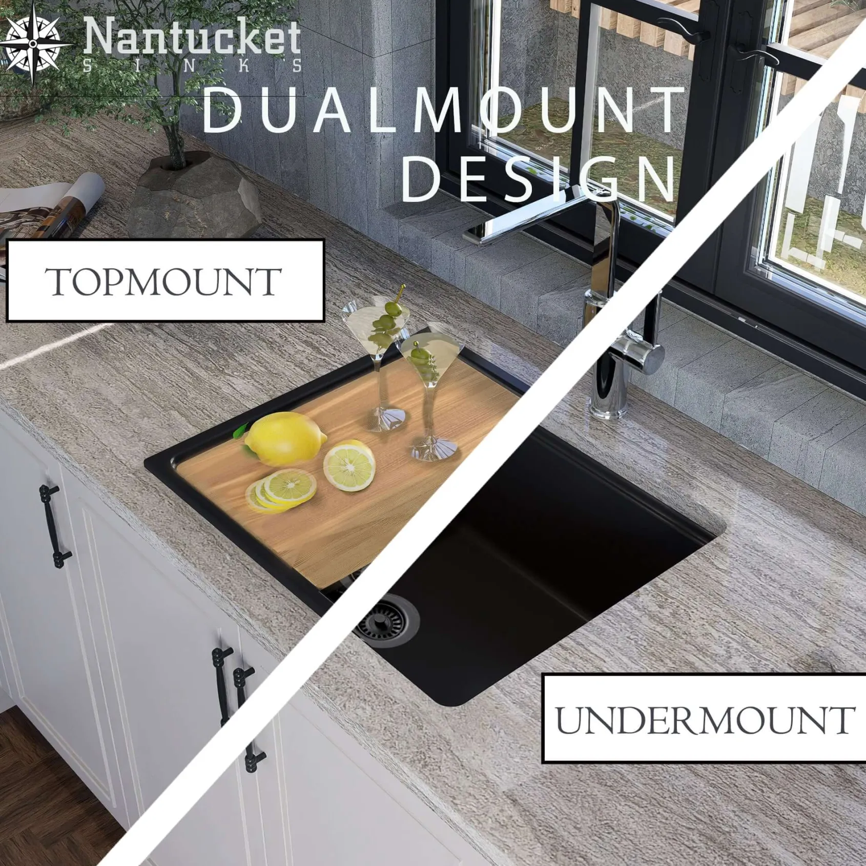 Nantucket Sinks Rockport 22" Dual Mount Granite Composite Workstation Kitchen Sink with Accessories, Black, PR2219PS-BL