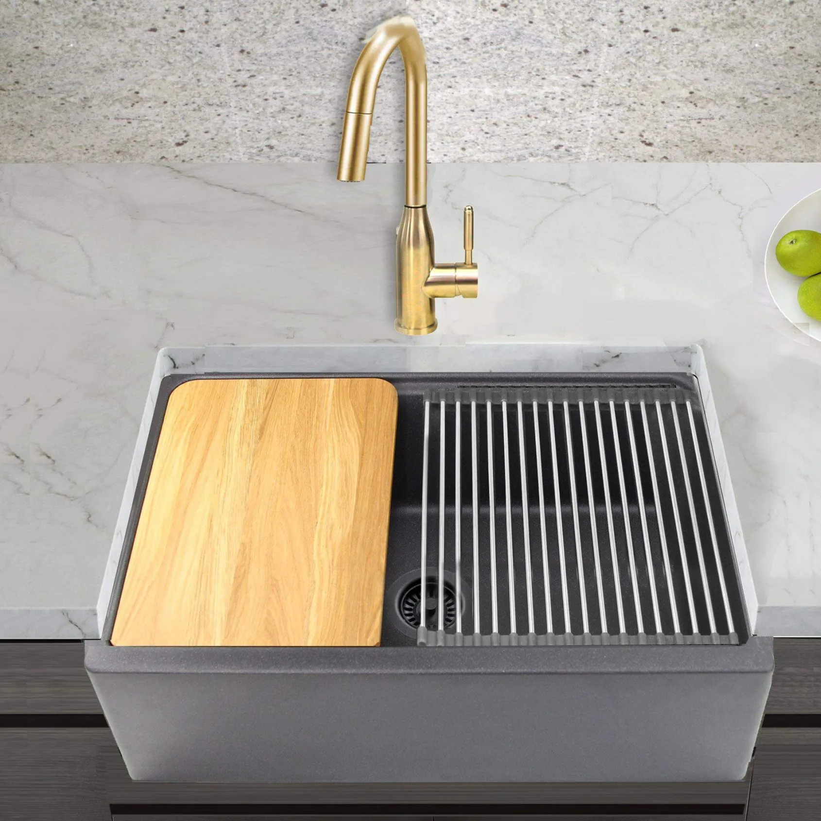 Nantucket Sinks Rockport 30" Granite Composite Workstation Farmhouse Sink with Accessories, Black, PR3020-APS-BL