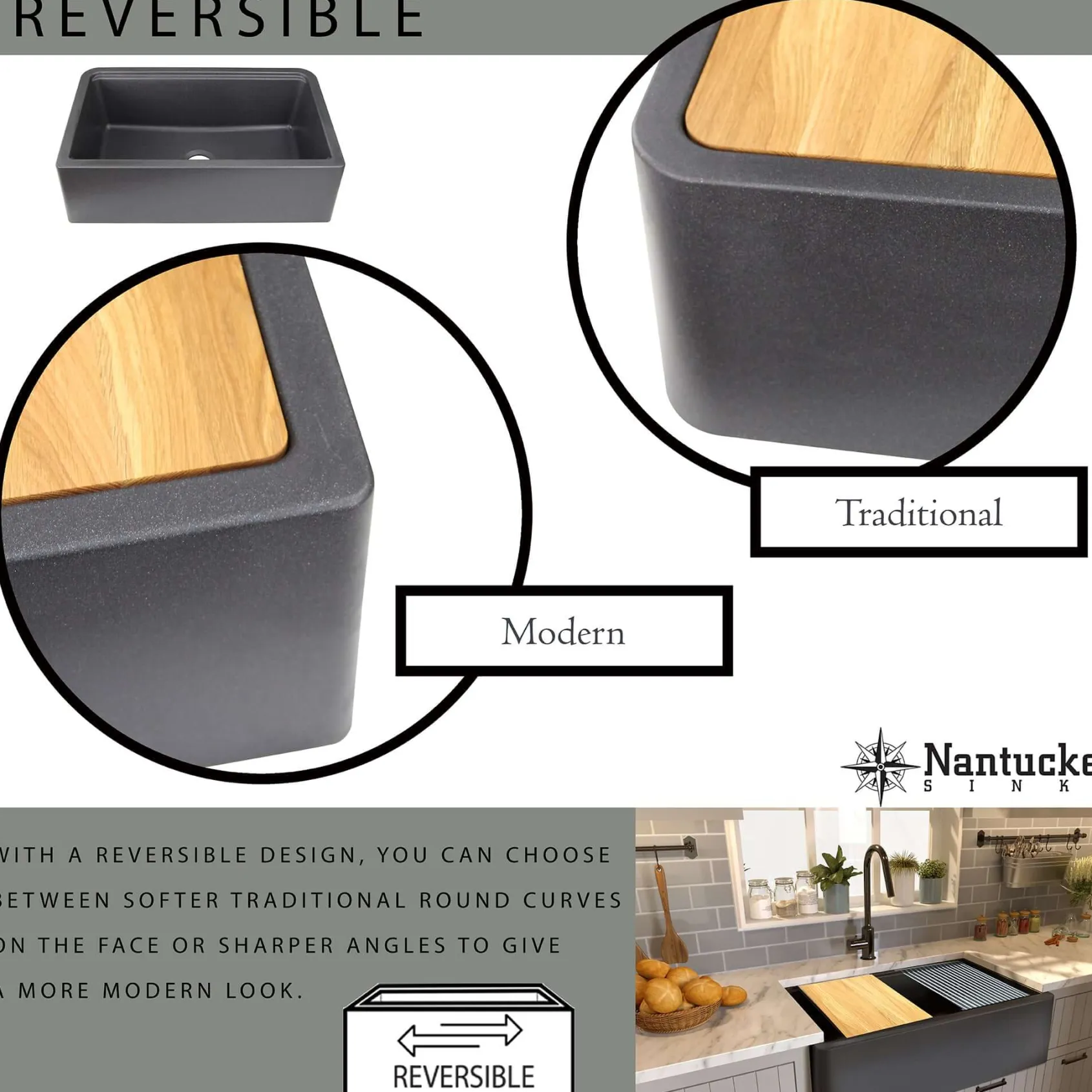 Nantucket Sinks Rockport 33" Granite Composite Workstation Farmhouse Sink with Accessories, Titanium, PR3320-APS-TI