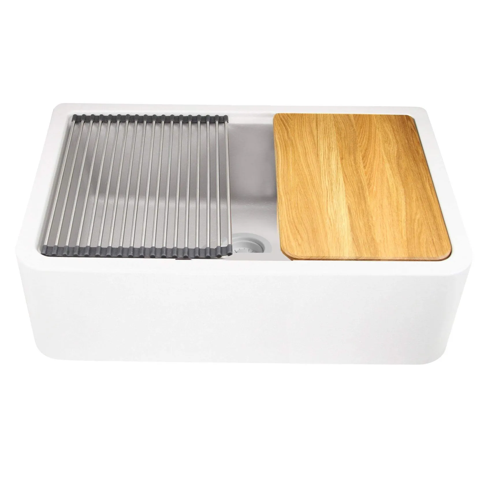 Nantucket Sinks Rockport 33" Granite Composite Workstation Farmhouse Sink with Accessories, White, PR3320-APS-W