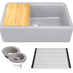 Nantucket Sinks Rockport 33" Granite Composite Workstation Farmhouse Sink with Accessories, Light Grey, PR3320-APS-G
