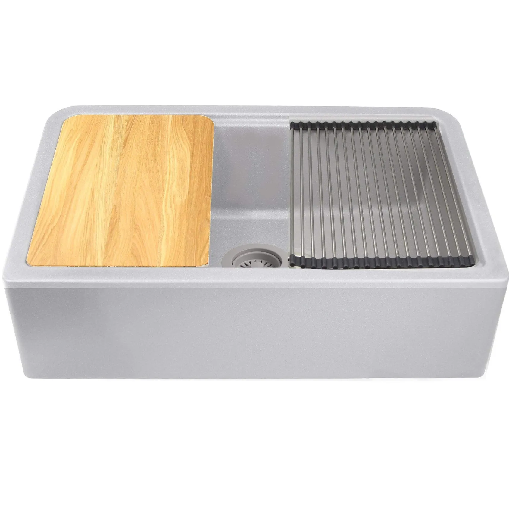 Nantucket Sinks Rockport 33" Granite Composite Workstation Farmhouse Sink with Accessories, Light Grey, PR3320-APS-G