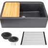 Nantucket Sinks Rockport 33" Granite Composite Workstation Farmhouse Sink with Accessories, Black, PR3320-APS-BL