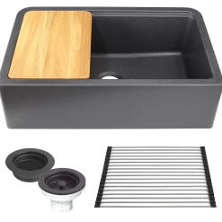 Nantucket Sinks Rockport 33" Granite Composite Workstation Farmhouse Sink with Accessories, Black, PR3320-APS-BL