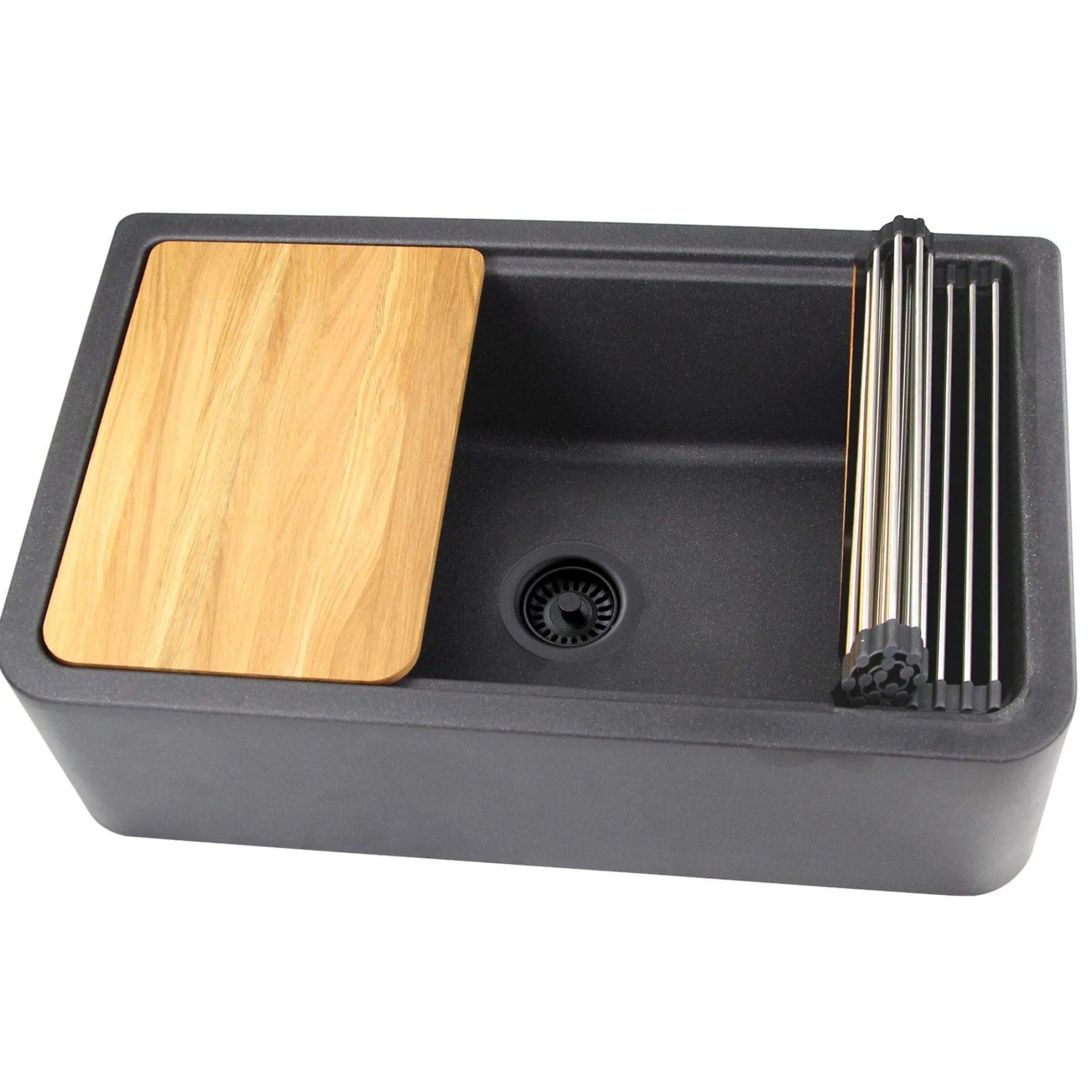 Nantucket Sinks Rockport 33" Granite Composite Workstation Farmhouse Sink with Accessories, Black, PR3320-APS-BL