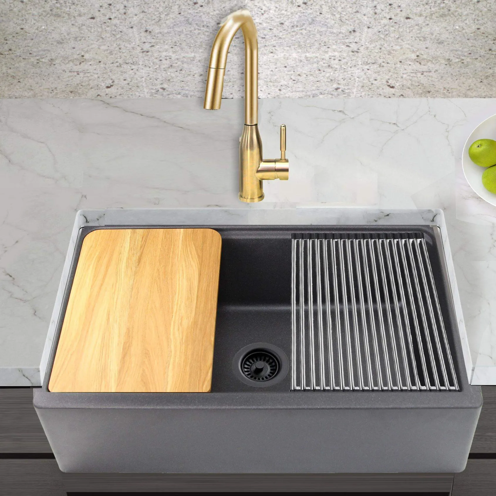 Nantucket Sinks Rockport 33" Granite Composite Workstation Farmhouse Sink with Accessories, Black, PR3320-APS-BL
