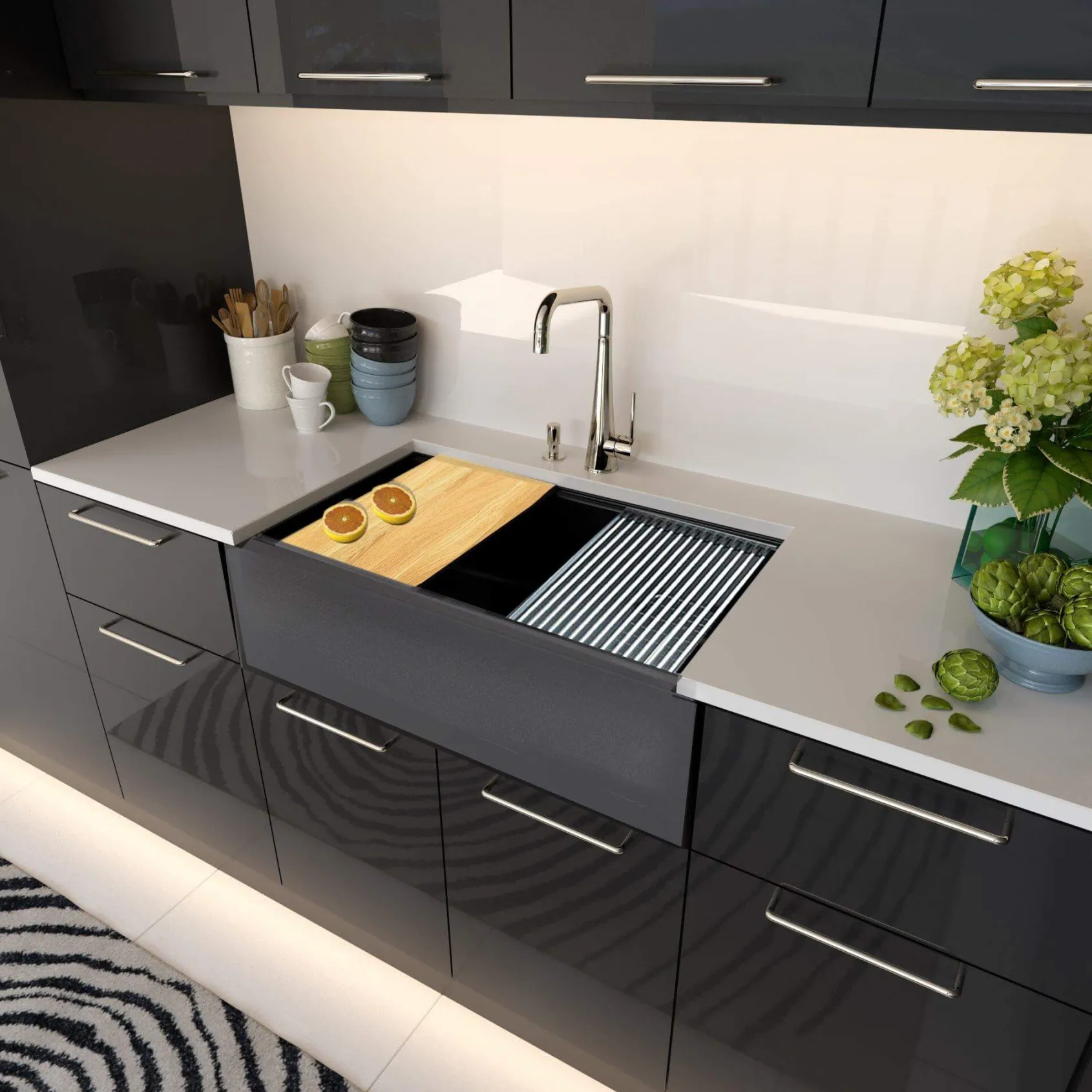 Nantucket Sinks Rockport 33" Granite Composite Workstation Farmhouse Sink with Accessories, Black, PR3320-APS-BL