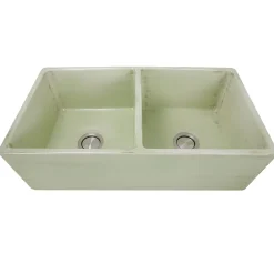 Nantucket Sinks Vineyard 33" Fireclay Farmhouse Sink, Double Bowl, Light Green, FCFS3318D-ShabbyGreen