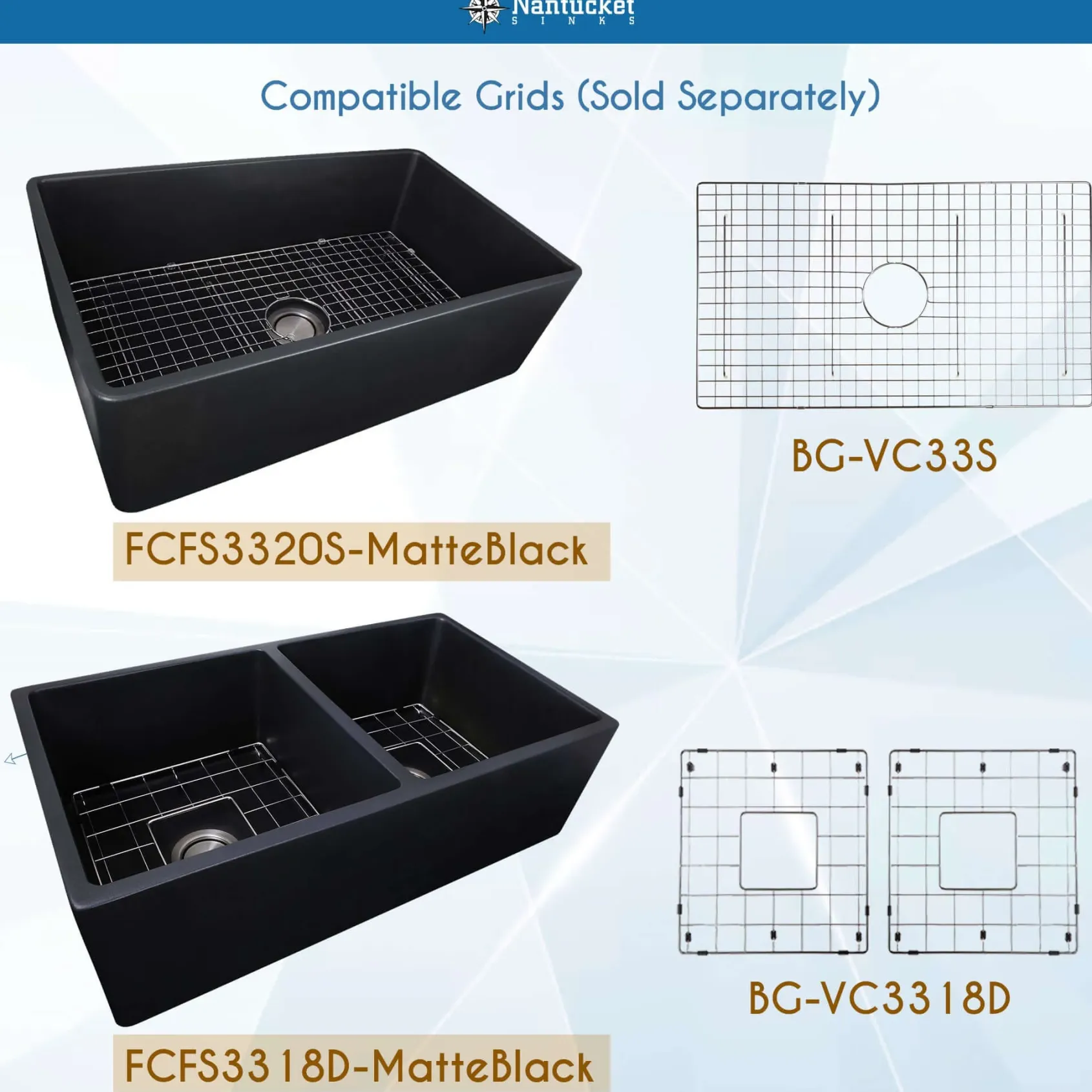 Nantucket Sinks Vineyard 33" Fireclay Farmhouse Sink with Accessories, Matte Black, FCFS3320S-MatteBlack