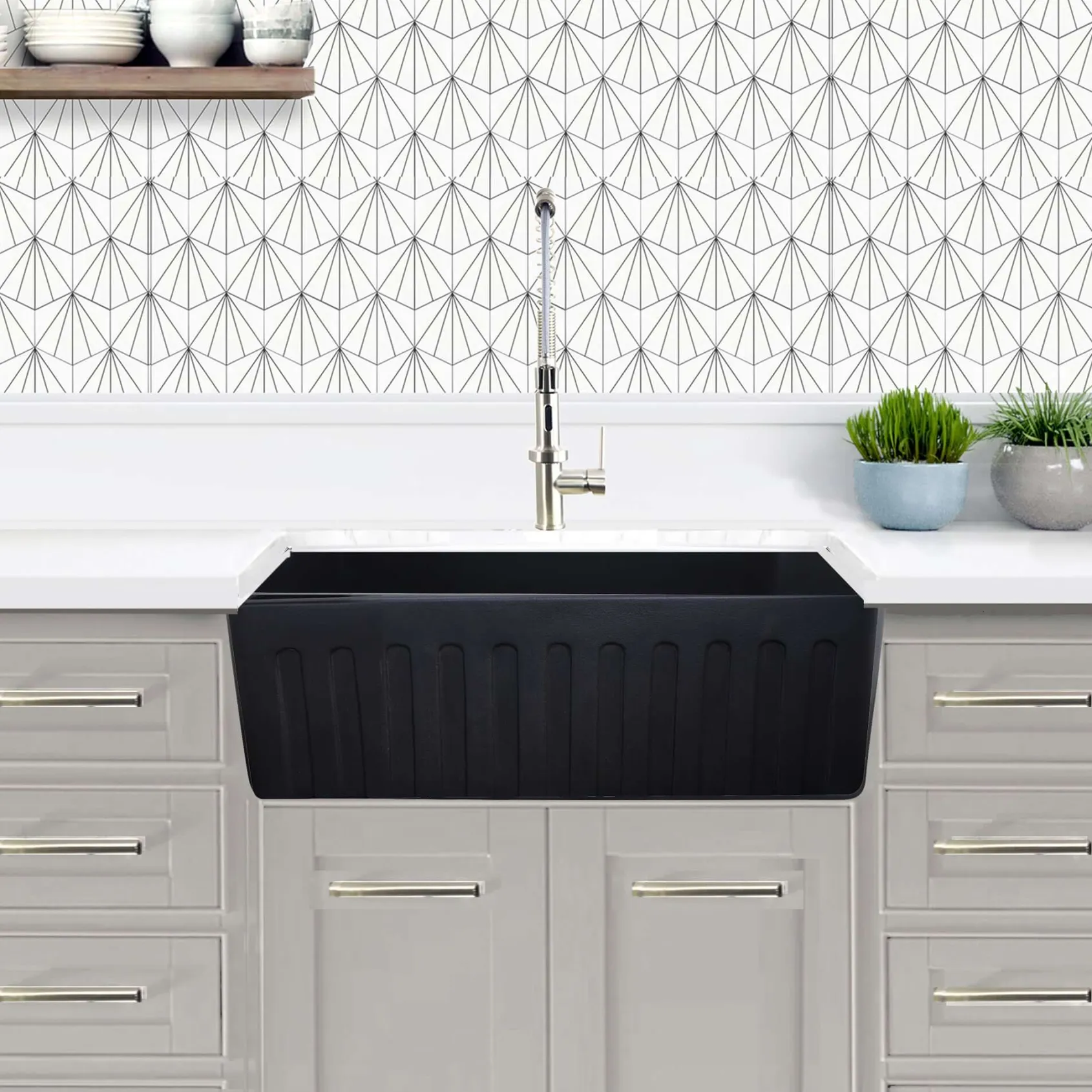 Nantucket Sinks Vineyard 33" Fireclay Farmhouse Sink with Accessories, Matte Black, FCFS3320S-MatteBlack