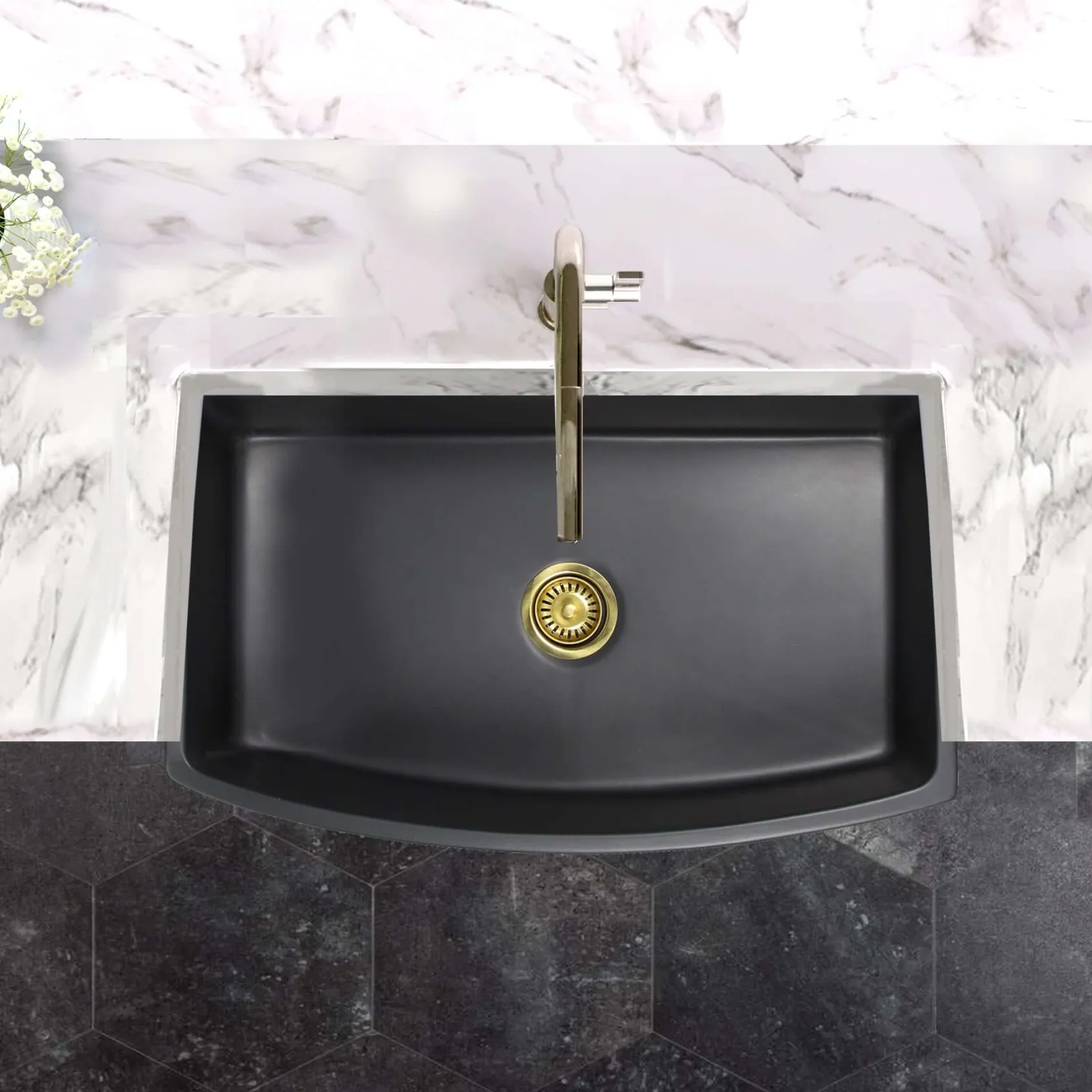 Nantucket Sinks Vineyard 33" Fireclay Farmhouse Sink with Accessories, Matte Black, FCFS3320CA-MB