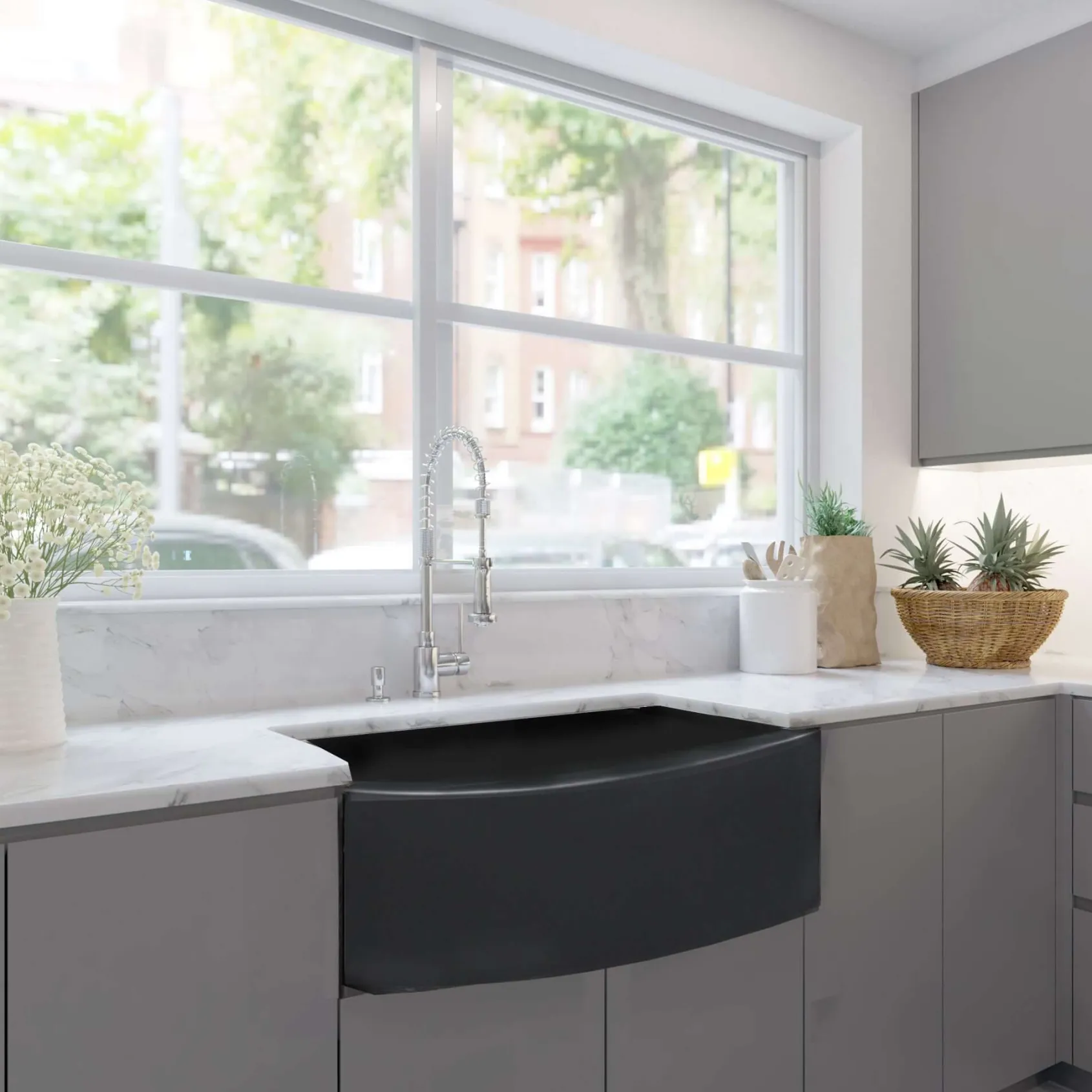 Nantucket Sinks Vineyard 33" Fireclay Farmhouse Sink with Accessories, Matte Black, FCFS3320CA-MB