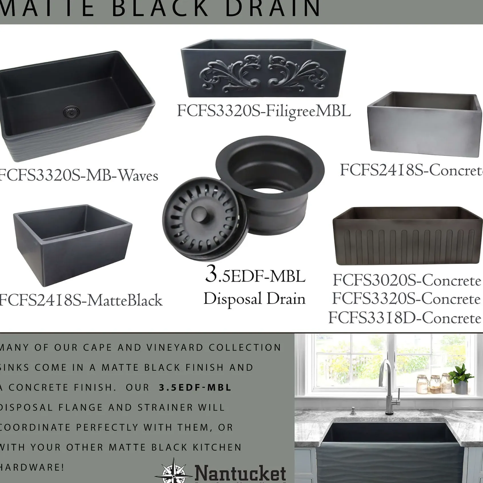 Nantucket Sinks Vineyard 33" Fireclay Farmhouse Sink with Accessories, Concrete, FCFS3320CA-C