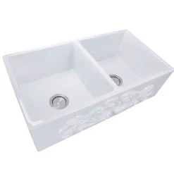 Nantucket Sinks Vineyard 33" Fireclay Farmhouse Sink, Double Bowl, White, FCFS3318D-Filigree