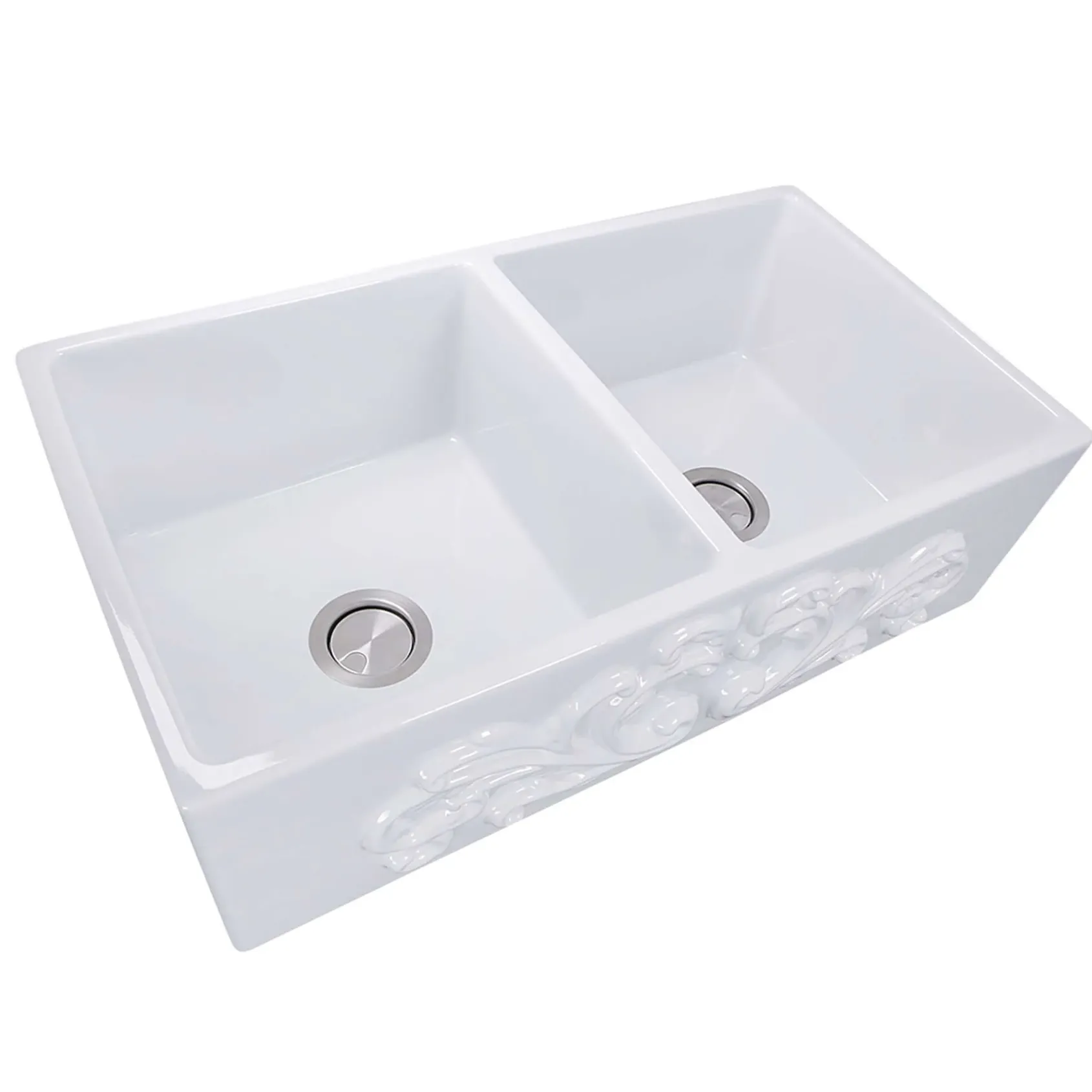 Nantucket Sinks Vineyard 33" Fireclay Farmhouse Sink, Double Bowl, White, FCFS3318D-Filigree
