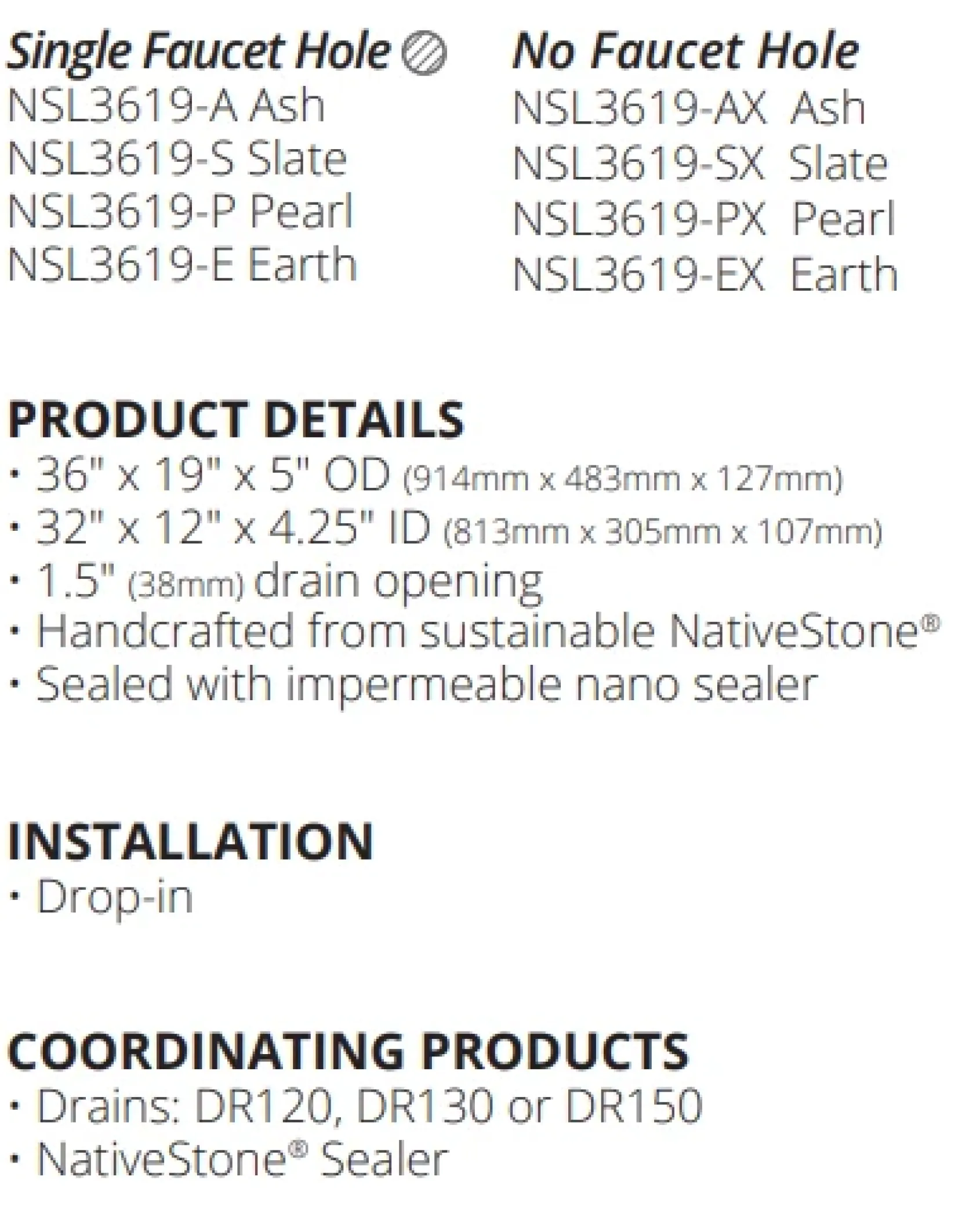 Native Trails Trough 36" Rectangle NativeStone Concrete Bathroom Sink, No Faucet Hole, Earth, NSL3619-EX