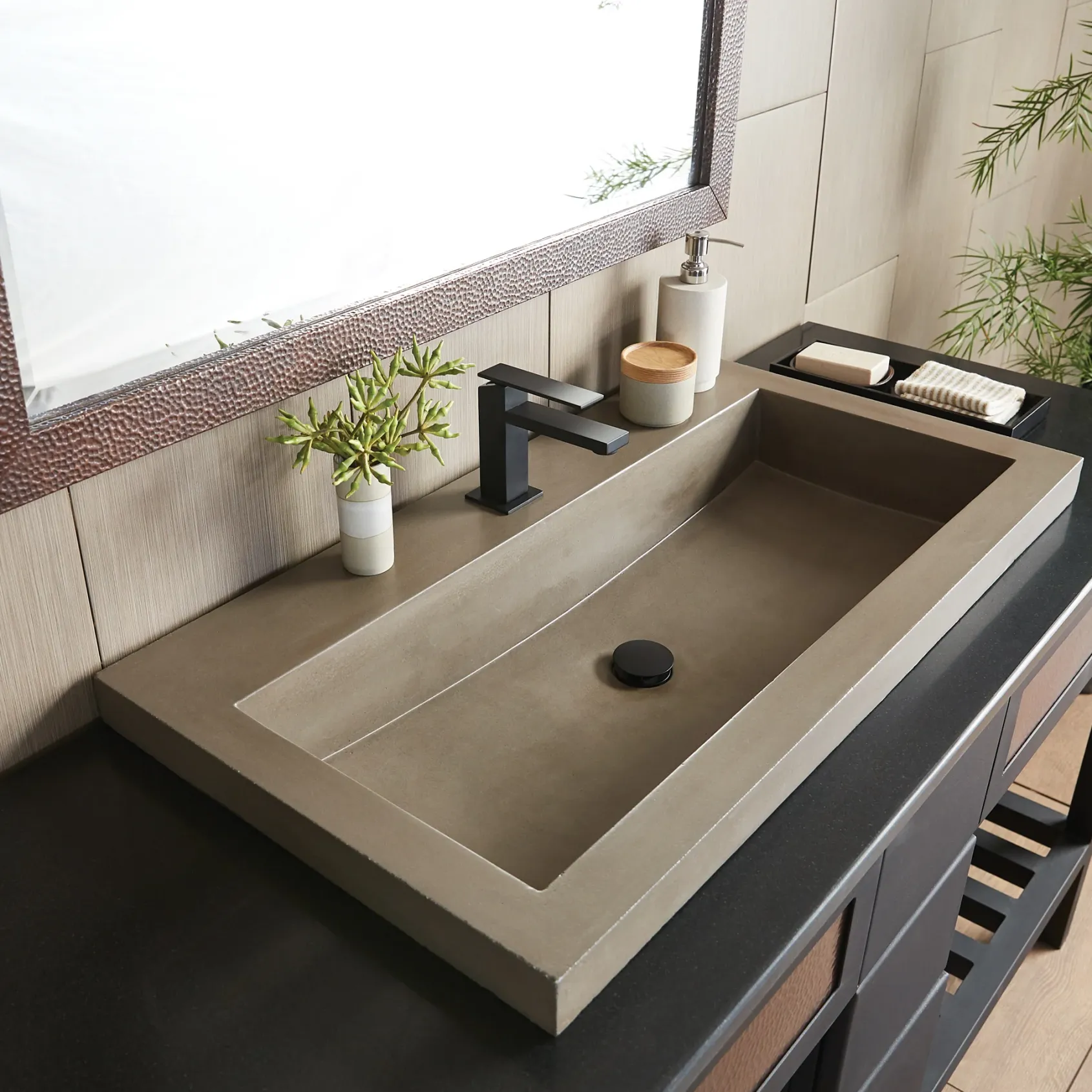 Native Trails Trough 36" Rectangle NativeStone Concrete Bathroom Sink, No Faucet Hole, Earth, NSL3619-EX
