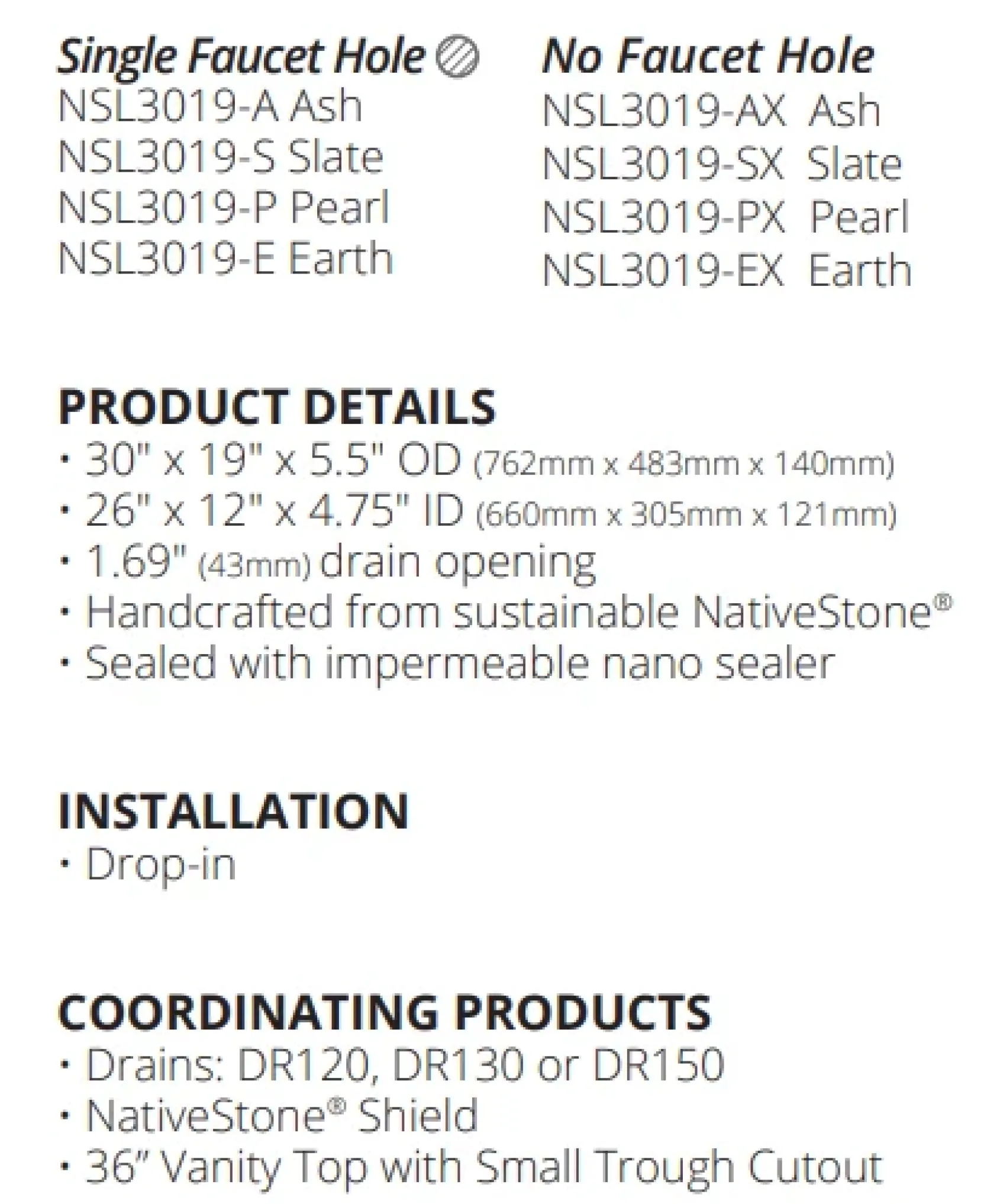 Native Trails Trough 30" Rectangle NativeStone Concrete Bathroom Sink, No Faucet Hole, Earth, NSL3019-EX