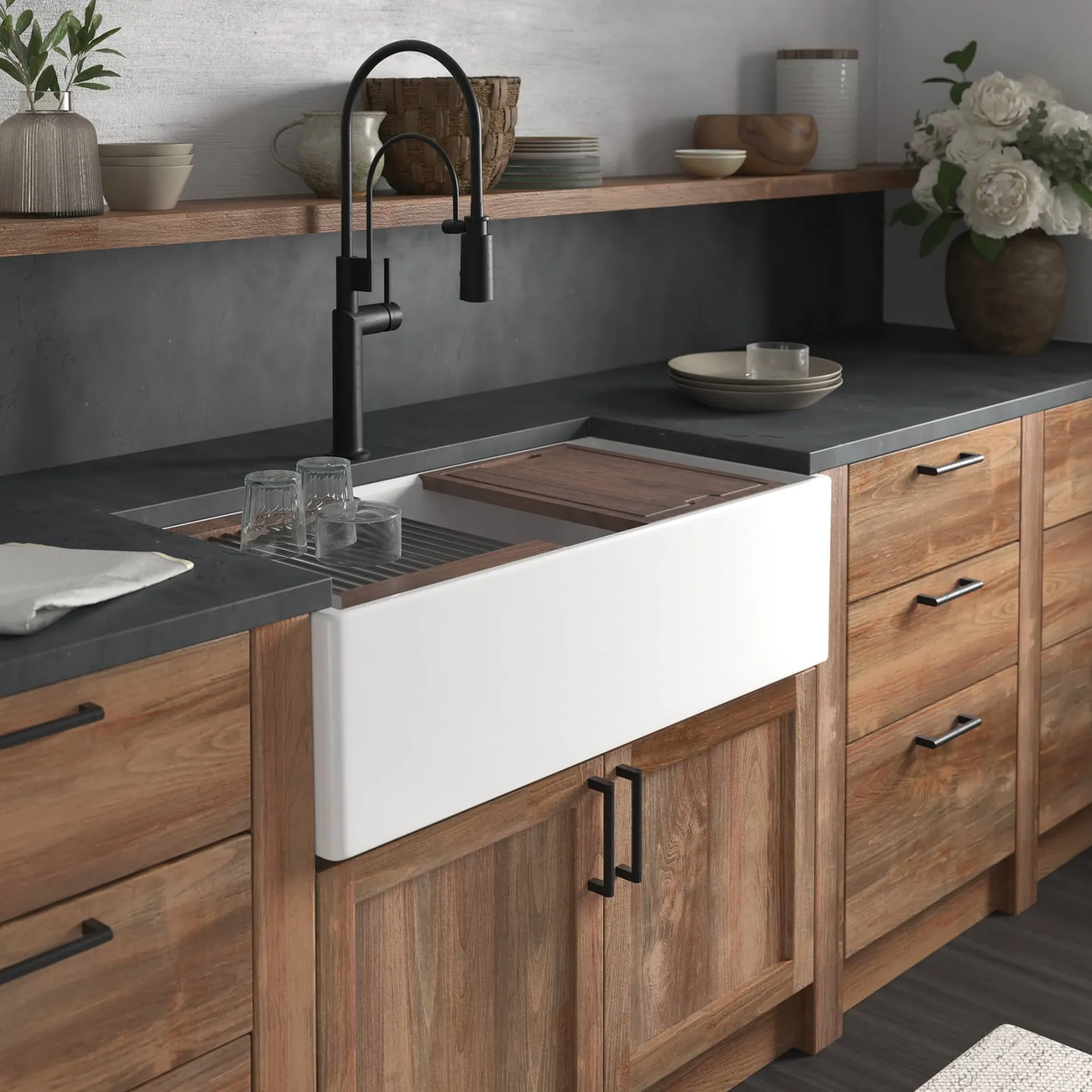 Native Trails Dreamer Concierge 36" Fireclay Workstation Farmhouse Kitchen Sink, White, FRKG3618-W