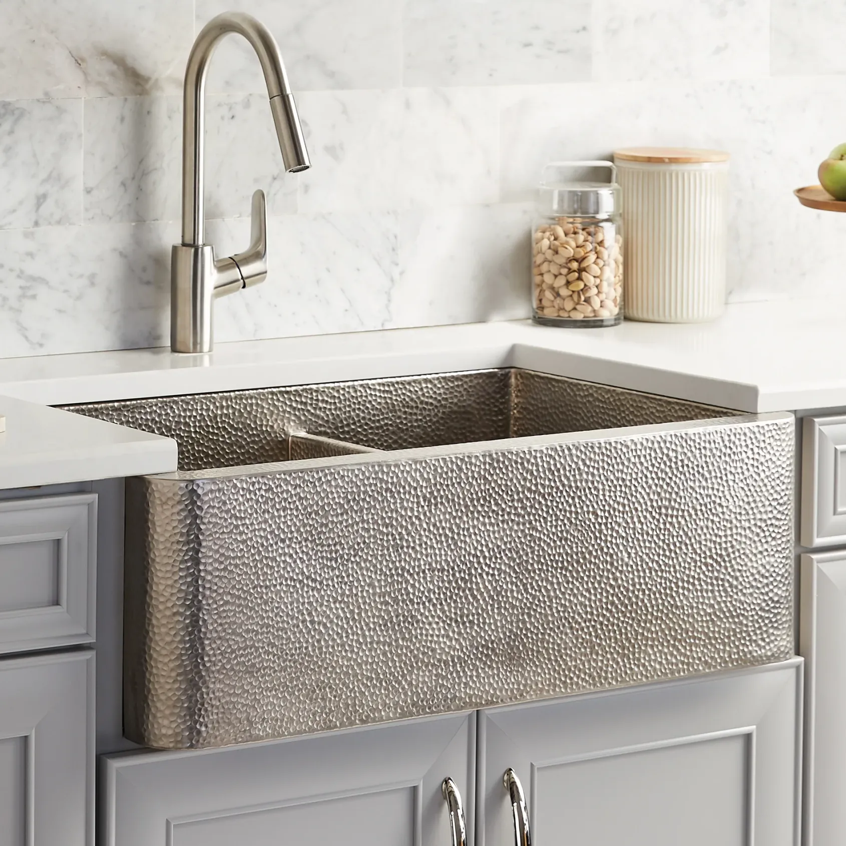 Native Trails Farmhouse Duet 33" Nickel Farmhouse Sink, 60/40 Double Bowl, Brushed Nickel, CPK576