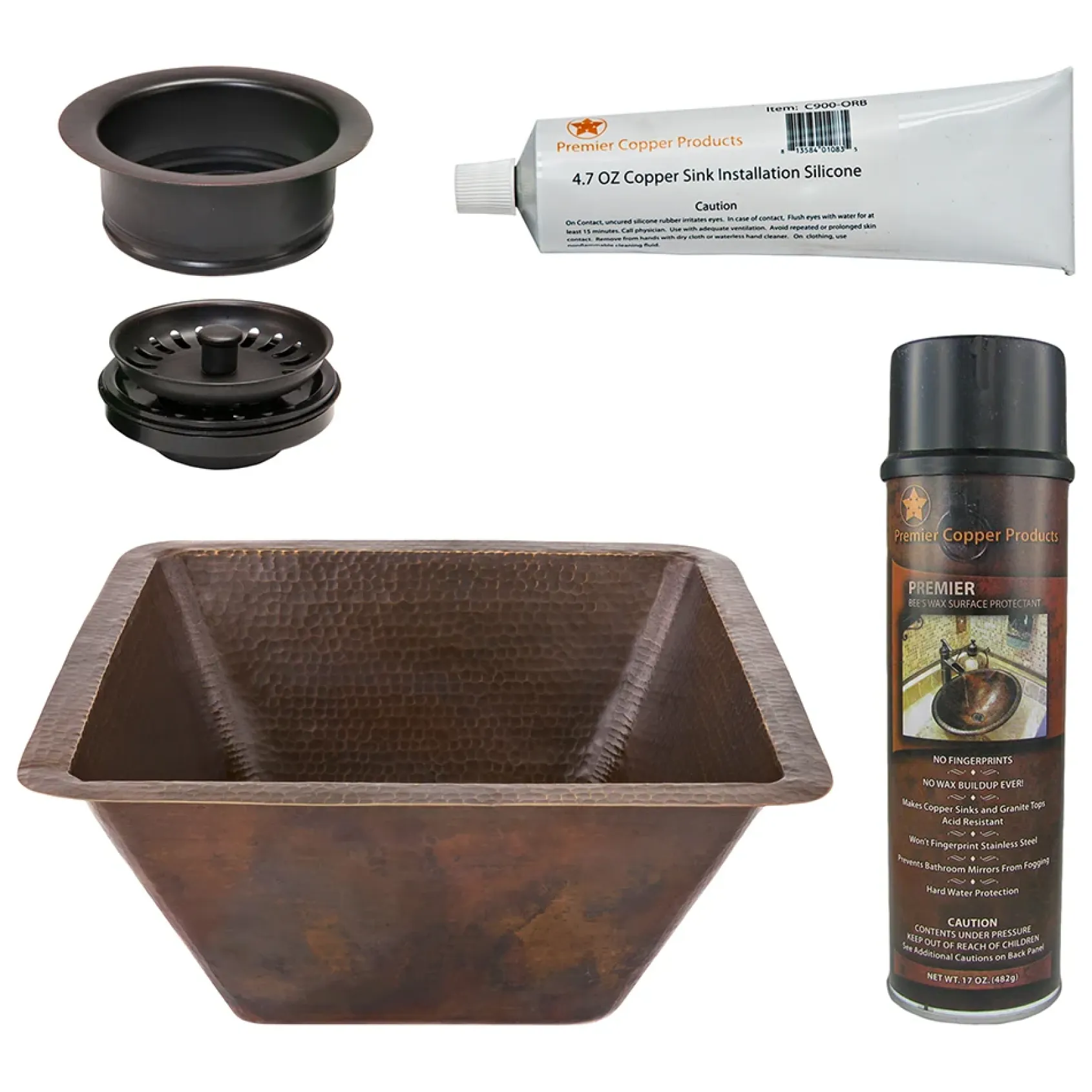 Premier Copper Products 17" Large Square Hammered Copper Bar/Prep Sink, Matching Drain and Accessories, Oil Rubbed Bronze, BSP5_BS17DB-G