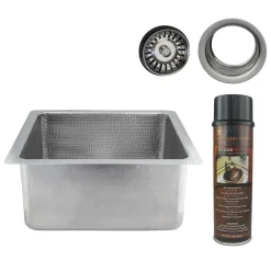 Premier Copper Products 16" Square Hammered Copper Bar/Prep Sink in Nickel w/ 3.5" Drain Opening, Matching Drain and Accessories, BSP5_BS16EN3-G