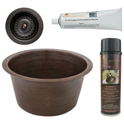 Premier Copper Products 17" Large Round Hammered Copper Bar/Prep Sink, Matching Drain and Accessories, Oil Rubbed Bronze, BSP5_BR17DB-D