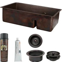 Premier Copper Products 33" Hammered Copper Kitchen 70/30 Double Basin Sink with Short 5" Divider w/ Matching Drains and Accessories, Oil Rubbed Bronze, KSP3_K70DB33199-SD5