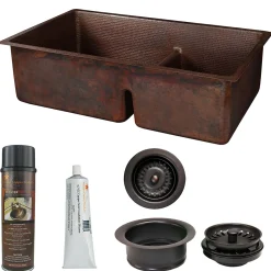 Premier Copper Products 33" Hammered Copper Kitchen 60/40 Double Basin Sink with Short 5" Divider w/ Matching Drains and Accessories, Oil Rubbed Bronze, KSP3_K60DB33199-SD5