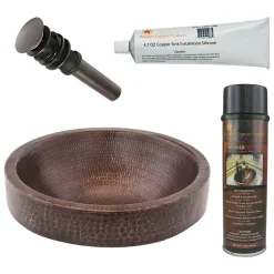 Premier Copper Products 15" Small Round Skirted Vessel Hammered Copper Bathroom Sink, Matching Drain and Accessories, Oil Rubbed Bronze, BSP5_VR15SKDB-P