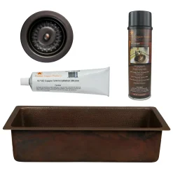 Premier Copper Products 28" Rectangle Hammered Copper Bar/Prep Sink with 3.5" Drain Opening, Matching Drain and Accessories, Oil Rubbed Bronze, BSP5_BREC28DB-D