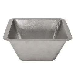 Premier Copper Products 15" Square Hammered Copper Bar/Prep Sink in Nickel w/ 2" Drain Opening, Matching Drain and Accessories, BSP5_BS15EN2-B
