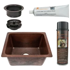 Premier Copper Products 17" Rectangle Hammered Copper Bar/Prep/Laundry/Utility Sink w/ 3.5" Drain Opening, Matching Drain and Accessories, Oil Rubbed Bronze, BSP5_BREC1713DB-G