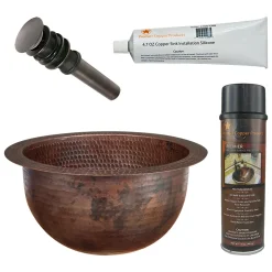 Premier Copper Products 10" Round Under Counter Hammered Copper Bathroom Sink, Matching Drain and Accessories, Oil Rubbed Bronze, BSP5_LR10FDB-P