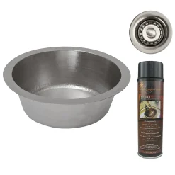 Premier Copper Products 14" Round Hammered Copper Bar Sink in Nickel w/ 2" Drain Opening, Matching Drain and Accessories, BSP5_BR14EN2-B