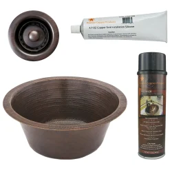 Premier Copper Products 16" Round Hammered Copper Bar Sink w/ 2" Drain Opening, Matching Drain and Accessories, Oil Rubbed Bronze, BSP5_BR16DB2-B