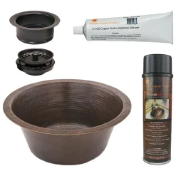 Premier Copper Products 16" Round Hammered Copper Prep Bar Sink w/ 3.5" Drain Opening, Matching Drain and Accessories, Oil Rubbed Bronze, BSP5_BR16DB3-G