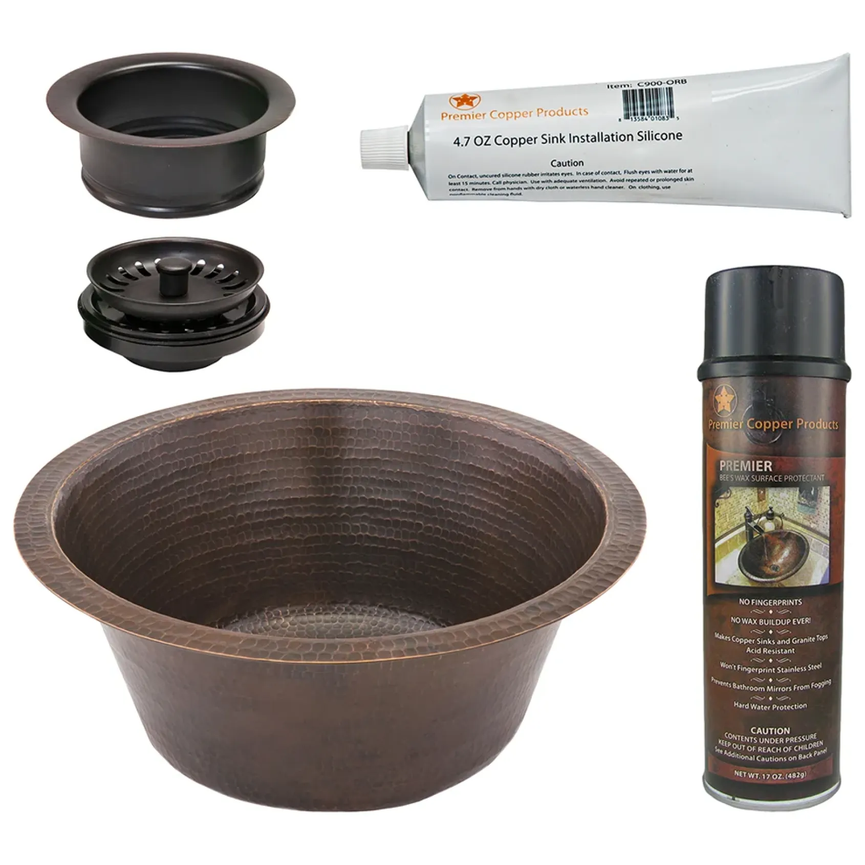 Premier Copper Products 16" Round Hammered Copper Prep Bar Sink w/ 3.5" Drain Opening, Matching Drain and Accessories, Oil Rubbed Bronze, BSP5_BR16DB3-G