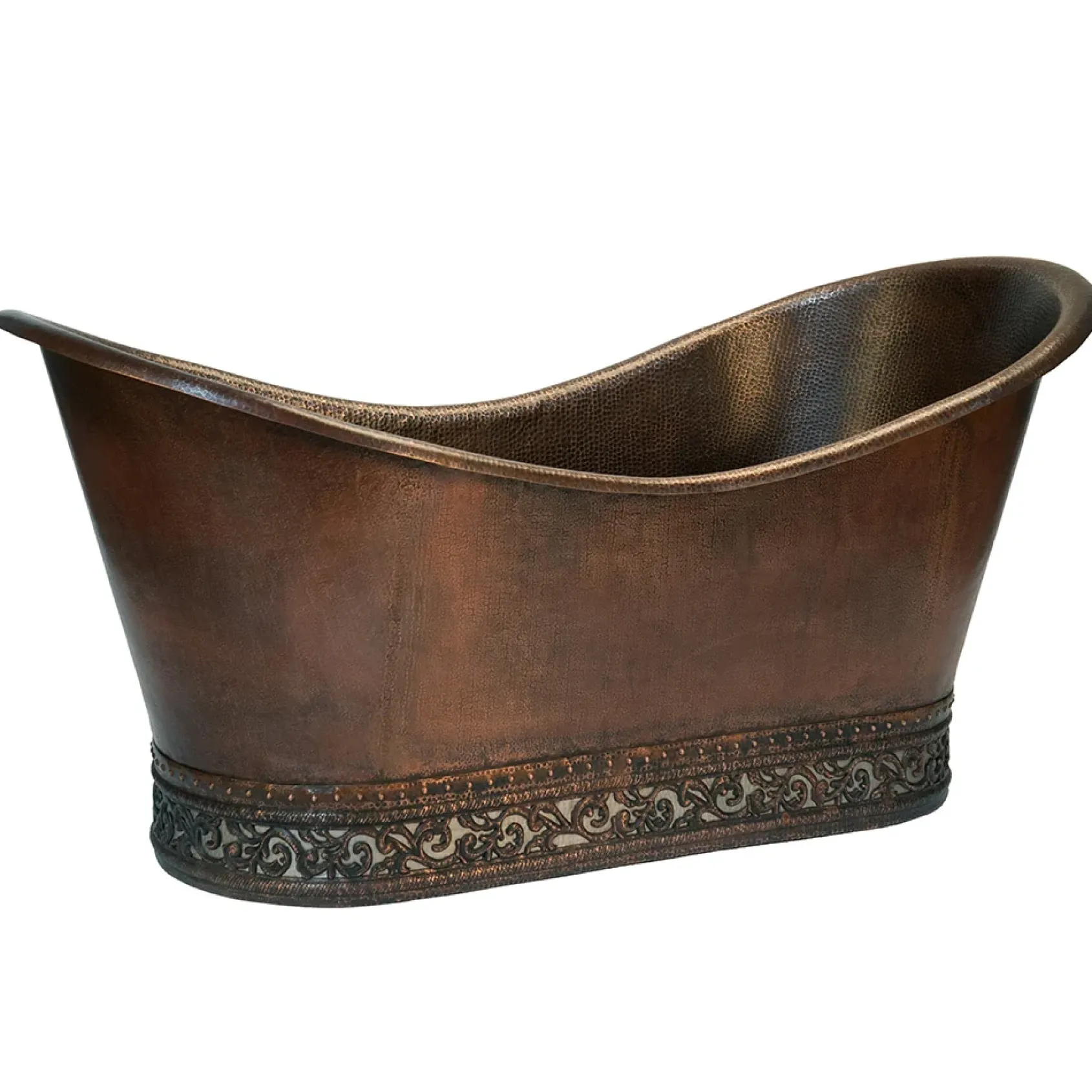 Premier Copper Products 67" Hammered Copper Double Slipper Bathtub with Scroll Base and Nickel Inlay and Drain Package, Oil Rubbed Bronze, BSP5_BTN67DB