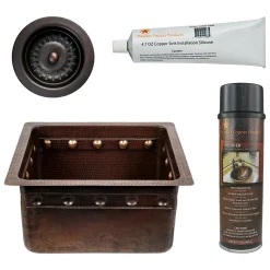 Premier Copper Products 16" Gourmet Rectangular Hammered Copper Bar/Prep Sink w/ Barrel Strap Design, Matching Drain and Accessories, Oil Rubbed Bronze, BSP5_BREC16DBBS-D