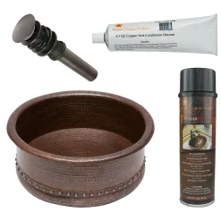 Premier Copper Products 15" Round Vessel Tub Hammered Copper Bathroom Sink, Matching Drain and Accessories, Oil Rubbed Bronze, BSP5_VRT15DB-P
