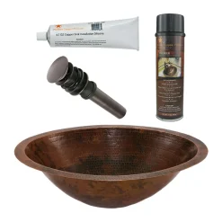 Premier Copper Products 20" Master Bath Oval Under Counter Hammered Copper Bathroom Sink, Matching Drain and Accessories, Oil Rubbed Bronze, BSP5_LO20FDB-P