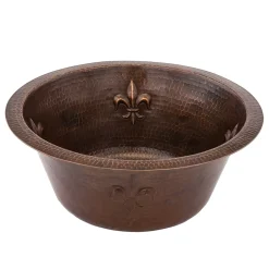 Premier Copper Products 16" Round Copper Bar Sink w/ Fleur De Lis and 2" Drain Opening, Matching Drain and Accessories, Oil Rubbed Bronze, BSP5_BR16FDB2-B