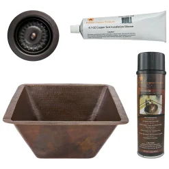 Premier Copper Products 17" Large Square Hammered Copper Bar/Prep Sink, Matching Drain and Accessories, Oil Rubbed Bronze, BSP5_BS17DB-D