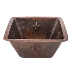 Premier Copper Products 15" Square Fleur De Lis Copper Bar/Prep Sink w/ 2" Drain Opening, Matching Drain and Accessories, Oil Rubbed Bronze, BSP5_BS15FDB2-B
