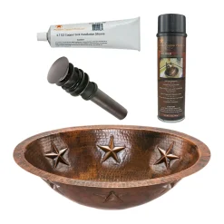 Premier Copper Products 19" Oval Star Under Counter Hammered Copper Bathroom Sink, Matching Drain and Accessories, Oil Rubbed Bronze, BSP5_LO19FSTDB-P
