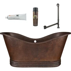 Premier Copper Products 67" Hammered Copper Double Slipper Bathtub with Overflow Holes and Drain Package, Oil Rubbed Bronze, BSP5_BTD67DBOF