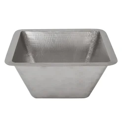 Premier Copper Products 15" Square Under Counter Hammered Copper Bathroom Sink in Nickel, Matching Drain and Accessories, BSP5_LSQ15EN-P