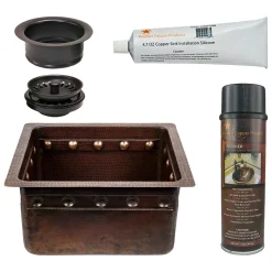 Premier Copper Products 16" Gourmet Rectangular Hammered Copper Bar/Prep Sink w/ Barrel Strap Design, Matching Drain and Accessories, Oil Rubbed Bronze, BSP5_BREC16DBBS-G